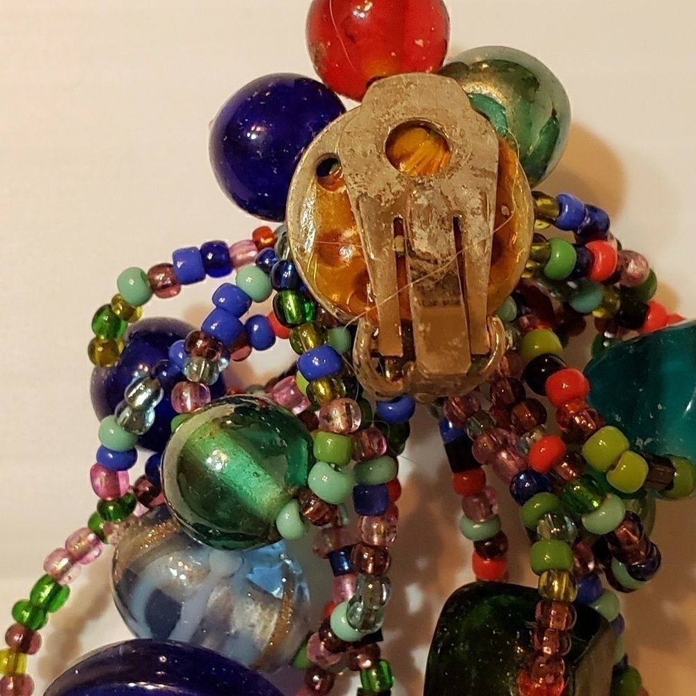 Vintage Hand Beaded Cluster Clip On Earrings - Picture 6 of 6